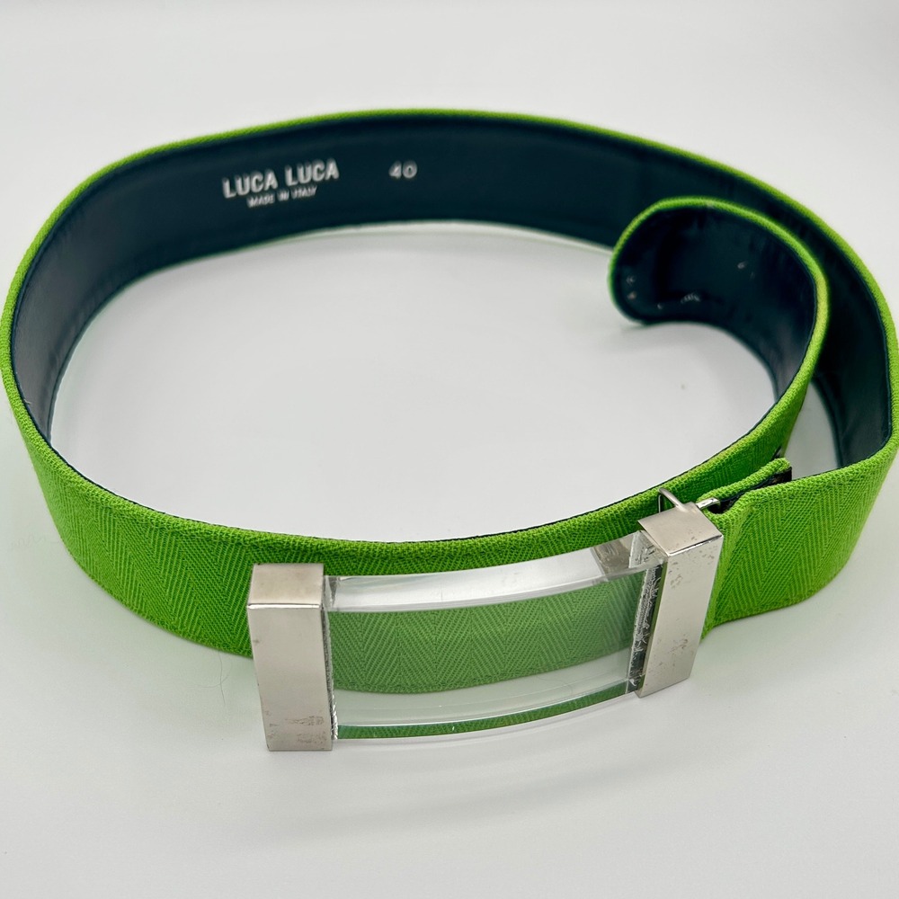 Luca Luca Belt Vintage Green Chevron Fabric Leather Size 40 Clear Buckle Italy